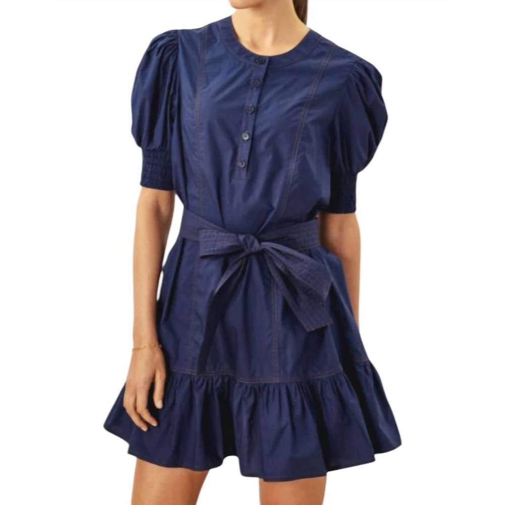 Navy Puff-Sleeve Mini Dress with Waist Tie - Picture 3 of 3